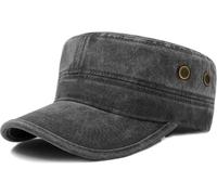 HIQUACC Military Cadet Army Caps for Men Women Washed Vintage Flat Top Hat Unisex Cotton Baseball Cap (FC212 Black)