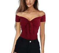 Hiraith Women Off Shoulder Top, Fashionable Summer Blouse Slim Fit Short Sleeve Tie Front Comfortable for Travel (XXL) Burgundy