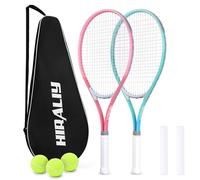 HIRALIY 27" Tennis Rackets Set of 2, 3 Tennis Balls, 2 Racquets, 2 Overgrip Tapes and 1 Carrying Bag Outdoor Recreational Sport Game (Pink/Green)