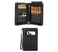 Hiram Cigar Travel Case, Genuine Leather Cigar Humidor Hold 5 Cigars Portable Cigar Box with Cigar Cutter Lighter Pocket, Multifunctional Humidor Bag with Cards Slot, Cellphone Pocket (Black)