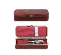 Hiram Leather 3 Fountain Pens Case Pouch, Vintage Press Lock Closure Pen Box with Card Slot Handmade Multi-Function Stationery Organizer Bag for Man/Woman/Office (Red)