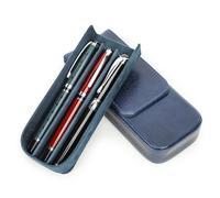 Hiram Vegetable Tanned Leather Pen Case for 3 Pens Molded Portable Pen Holder with Removable Tray and Hidden Snap Soft Lined Protective Pouch for Fountain Pens Rollerball Pencils Blue