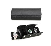 Hiram Watch Roll Case 3 Watches Storage Travel Case Genuine Saffiano Leather Travel Watch Organizer Storage Box (Black)