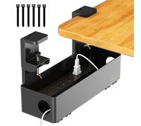 Hiree Under Desk Cable Management Tray with 6 AC Power Outlet and Clamp Mount, No Drill Cord Storage Organizers for Wire Management, Standing Desk , Computer Desk Accessories for Office & Home(Black)
