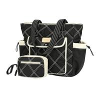 HiRiley Quilted Tote Bag for Women 15.6 Inch Laptop Shoulder Bag for Work University Large Capacity Lightweight Nylon Handbag with Luggage Strap Matching Pouch Water Resistant Travel Nappy Bag Black
