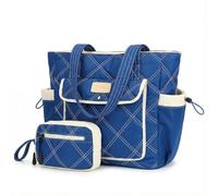 HiRiley Quilted Tote Bag for Women 15.6 Inch Laptop Shoulder Bag for Work University Large Capacity Lightweight Nylon Handbag with Luggage Strap Matching Pouch Water Resistant Travel Nappy Bag Blue