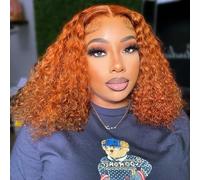 HIRIREMY #350 Orange Ginger Deep Wave Bob Wig Real Hair 33 x 4 HD Lace Frontal Short Curly Ginger Orange Lace Front Bob Wigs for Black Women Real Hair Pre Plucked Wear and Go Glueless 35.6