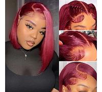 HIRIREMY Bob Wig Human Hair 13x4 HD Lace Frontal Short Straight Lace Front Bob Wigs for Black Women Human Hair Pre Plucked Glueless Side Part 180% Density Wine Red 99J Burgundy Color 12 Inch