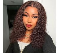 HIRIREMY Chocolate Brown Deep Wave BOB Lace Front Wigs Human Hair 13x4 HD Dark Brown Short Curly BOB Wigs For Black Women Human Hair Pre Plucked Wear And Go Glueless 16 Inch