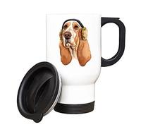 Hiros®Basset Hound Watercolor printed 14oz white ceramic travel mug,Hamburger Hound Warm hamburgers make perfect ear muffs.Dog Illustration,Ideal for dog lovers.