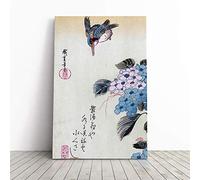 Hiroshige Japanese Oriental Hydrangea and Kingfisher Canvas Print | Gallery Wrapped 30mm Frame Wall Art | 24x16 inches | Ready to Hang | Asian Bird Picture | Living Room Bedroom Lounge Office