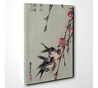 Hiroshige Japanese Oriental Moon Swalls Peach Blossoms Canvas Print | Gallery Wrapped 30mm Frame Wall Art | 30x20 inches | Ready to Hang | Asian Space Picture | Living Room Bedroom Lounge Office