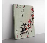 Hiroshige Moon Swalls Peach Blossoms Asian Japanese Canvas Wall Art Print Ready to Hang, Framed Picture for Living Room Bedroom Home Office Décor, 60x40 cm (24x16 Inch)