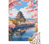 Hiroshima Castle with Cherry Blossoms 1000 Piece Jigsaw Puzzle, Retro Travel Poster Artwork, Decorative Artwork, Premium Paper Puzzle, Travel Gift for Families, 52x38cm/1000pcs