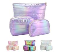 Hiroyuki Iridescent Quilted Makeup Bag, 3pcs Cute Makeup Bag Set, Large Capacity Cosmetic Organizer Travel Toiletry Pouch (plain, purple)
