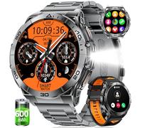 HIRREO Smart Watch Men Bluetooth Answer Make Calls 600 mAh Big Battery 1.6" HD AMOLED Round Male Smartwatch for iOS Android Black Orange Flashlight,Heart Rate/Sleep/SpO2 Monitor,100+ Sports Mode
