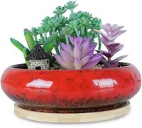 HirrWill 7.3 inch round succulent flower pot with drain hole bonsai pot garden decoration cactus stand ceramic glazed flower container (Red)