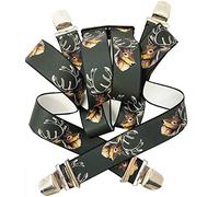 Hirsch G-022 Braces Bust - Hunter Design Green Austria-Vienna - 35 mm Width with 4 Clips in H-Shape Adjustable Elastic with Strong Metal Clip / Deer Bust Dark Green, grey, Länge 110 cm Breite 35 mm