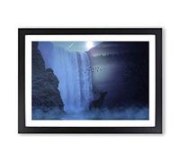Hirsch Waterfall with Stag Landscape Framed Print | A2 Oak Framed Wall Art | Ready to Hang | Modern Animal Picture | Living Room Bedroom Lounge Office