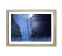 Hirsch Waterfall with Stag Landscape Framed Print | A2 Oak Framed Wall Art | Ready to Hang | Modern Animal Picture | Living Room Bedroom Lounge Office