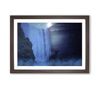 Hirsch Waterfall with Stag Landscape Framed Print | A2 Walnut Framed Wall Art | Ready to Hang | Modern Animal Picture | Living Room Bedroom Lounge Office