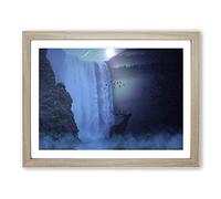 Hirsch Waterfall with Stag Landscape Modern Framed Print | A2 Oak Framed Wall Art | Ready to Hang | Modern Animal Picture | Living Room Bedroom Lounge Office