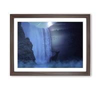 Hirsch Waterfall with Stag Landscape Modern Framed Print | A3 Walnut Framed Wall Art | Ready to Hang | Modern Animal Picture | Living Room Bedroom Lounge Office