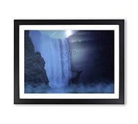 Hirsch Waterfall with Stag Landscape Modern Framed Print | A4 Black Framed Wall Art | Ready to Hang | Modern Animal Picture | Living Room Bedroom Lounge Office