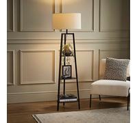 Hiru Black 3 Tier Wooden Shelf Floor Lamp with Boucle Drum Shade ValueLights Cream One Size