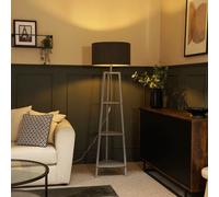 Hiru Grey 3 Tier Shelf Floor Lamp with Boucle Drum Shade and Bulb ValueLights Charcoal One Size
