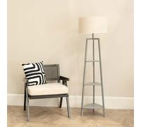 Hiru Grey 3 Tier Wood Shelf Floor Lamp with Trimmed Linen Drum Shade ValueLights White One Size
