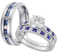 His And Hers 3pcs Titanium /925 Sterling Silver Matching Wedding Engagement Ring Band Set (Available Sizes J to Z+4) EMAIL US WITH YOUR SIZES