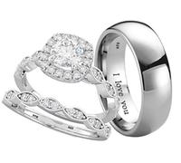 His And Hers 3pcs Titanium /925 Sterling Silver Wedding Engagement Ring Band Set (Message Your Ring Sizes Via Amazon)