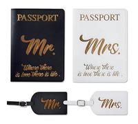 His and Hers Giftable Travel Pack | 2 x Passport Covers and 2 x Luggage Tags | Designed Especially for Couples Travel Lovers | Suitable Wedding Gift | Cute and Thoughtful | PU leather Black and White