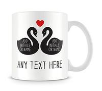 His and Hers Personalised Mug Gift with Swans and Love Hearts - (Customise with Name)