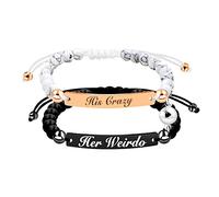 His Crazy Her Weirdo Handmade Beaded Bracelet Set, 2 Pieces Black & White Stone Bracelets for Couples, Adjustable Friendship Jewelry, Fun Gift for Anniversaries & Special Occasions Y3523