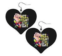 His Fight Is My Fight Autism Leather Earrings For Women Dangle Earring Drop Heart Pendant With Hook Gifts For Adult Girl
