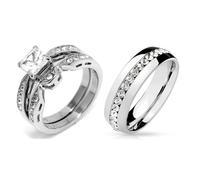 His Hers Couple Ring Set Womens 1 Ct Princess CZ Stainless Steel Wedding Ring Set Mens All Around CZ Wedding Band, Metal, Cubic Zirconia