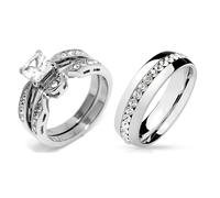 His Hers Couple Ring Set Womens 1 Ct Princess CZ Stainless Steel Wedding Ring Set Mens All Around CZ Wedding Band, Metal, Cubic Zirconia