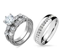 His Hers Couple Ring Set Womens 5 Stone Type Round CZ Stainless Steel Wedding Ring Set Mens All Around CZs Wedding Band, Metal, Cubic Zirconia