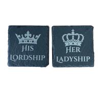 His Lordship and Her Ladyship Slate Coasters, Royal Crown Design, Set of 2, Black