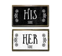 His Side Her Side Couples Sign Set - Rustic Wood & Metal Handmade Gift for Couples - Funny Bedroom Decor, Anniversary, Gift Wrapped - 6”x3.5” - Set of 2 Signs
