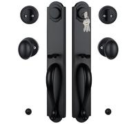 HISAFE Double Door Handle Set for Front Door, Matte Black Keyed&Dummy Exterior Door Lockset with Deadbolt, Reversible for Right&Left Handed