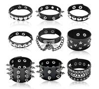 HISAKYST 9 pcs Spiked Bracelets,Spike Bracelet,Emo Bracelets,Black Leather Rivet Punk Bracelet,80s Goth Accessories,Perfect for Cool Rockers, Skateboarders, And Motorcycle Enthusiasts