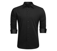 HISDERN Black Formal Dress Shirt for Men Long Sleeve Casual Button Down Shirts Bussiness Regular Fit Check Inner Contrast Funeral Wedding Party