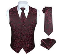 HISDERN Black Red Waistcoat for Men Paisley Floral Jacquard Necktie Pocket Square Wedding Party Business Fit Vest Suit Set,4XL,Black& & Red-N