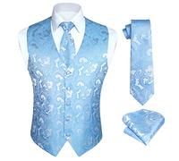 HISDERN Blue waistcoat Men's Paisley Waistcoats Floral Jacquard Necktie Pocket Square Handkerchief Wedding Business Fit Vest Suit Set 3XL