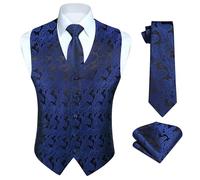 HISDERN Blue Waistcoat Paisley Floral Jacquard Tuxedo Mens Waistcoat and Tie Set Party Wedding Business, Navy Blue & Black-N, 4XL
