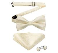 HISDERN Bow Tie for Men Beige Solid Color Silk Mens Paisley Bow Tie Pre-tied with Handkerchief Cufflinks for Wedding Bowtie Pocket Square set