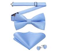 HISDERN Bow Tie for Men Blue Solid Color Silk Mens Bow Tie Pre-tied with Handkerchief Cufflinks for Wedding Bowtie Pocket Square set